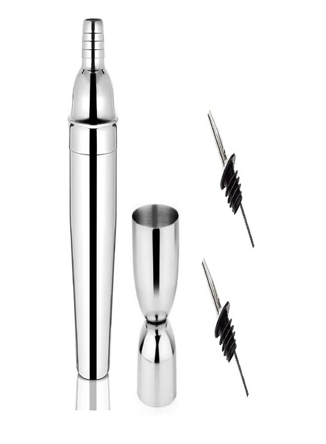 طقم بار فريد من نوعه من الفولاذ المقاوم للصدأ من داينور، مكون من 3 قطع: خلاط كوكتيل فاخر سعة 750 مل، كوب قياس دامرو فولاذي سعة 30/60 مل، ومصبّان للنبيذ.